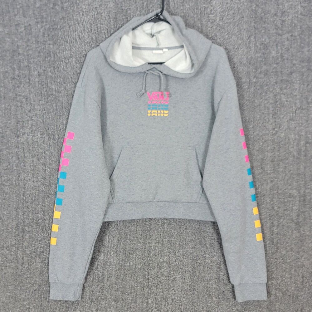 Vans Hoodie Womens Large Gray Checkerboard Sleeve Cropped Checker Sweatshirt